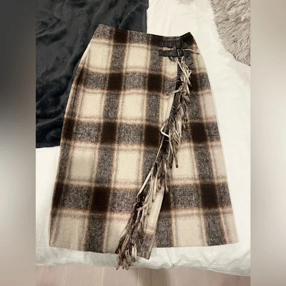 Sweet Warmth Plaid Fringe Trim Midi Skirt - Picture 2 of 2